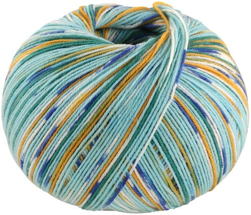 Lana Grossa Cool Wool 4 Socks Print 3 7205 Türkis/Opalgrün/Gelborange/Weiß/Hell-/Kobaltblau