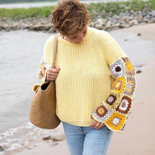 Strickpullover mit gehäkelten Granny Ärmeln Gelb M/L-2