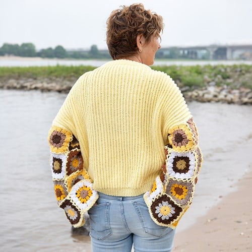 Strickpullover mit gehäkelten Granny Ärmeln Gelb M/L-3