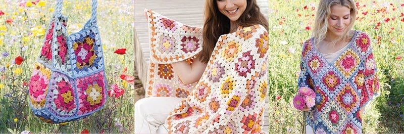 Sommerliche Granny Square Kleidungsstücke, Accessoires und Heimdeko häkeln mit kostenlose Anleitungen von Drops