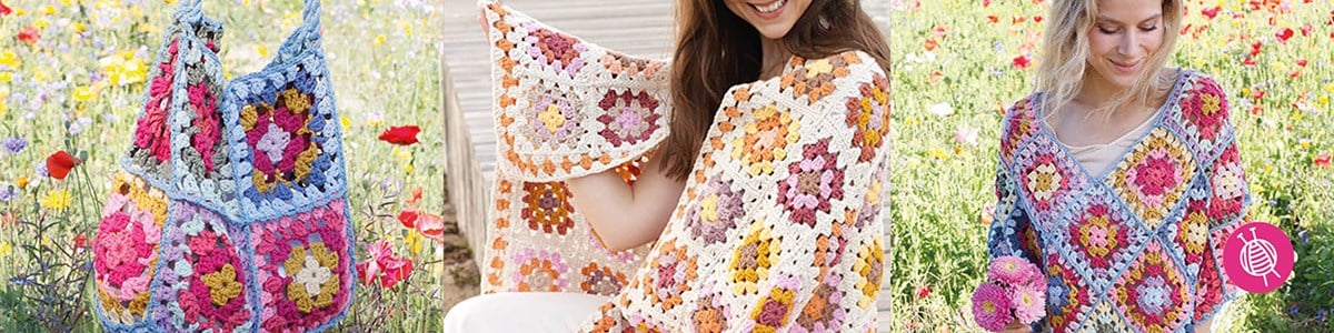 Sommerliche Granny Square Kleidungsstücke, Accessoires und Heimdeko häkeln mit kostenlose Anleitungen von Drops
