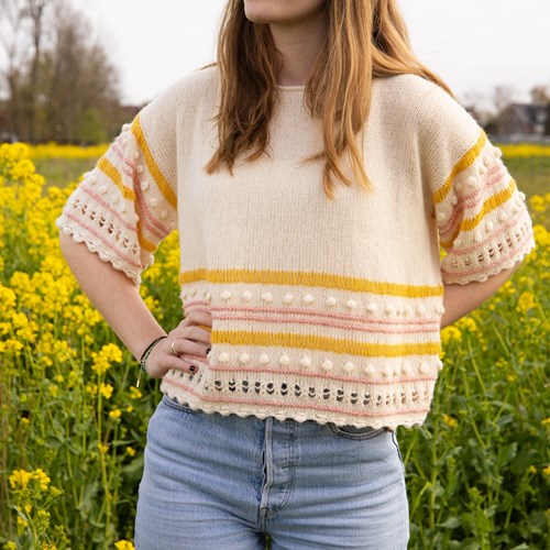 Strickanleitung Ecopuno Shirt Mustermix mit Noppenrand