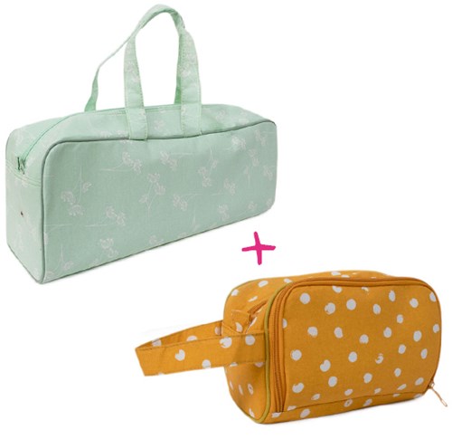 Wollplatz Stricktasche und Häkeletui Set 6 Mint Flowers/Mustard Dots
