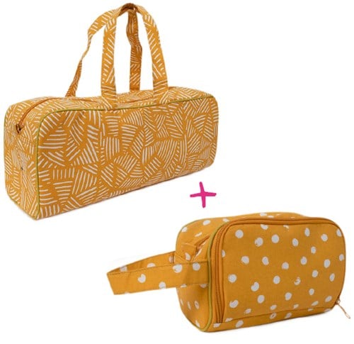 Wollplatz Stricktasche und Häkeletui Set 1 Mustard Stripes/Mustard Dots
